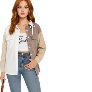 SHEIN Teen Girls Color Block Flap Pocket Drop Shoulder Corduroy Blouse 14Y